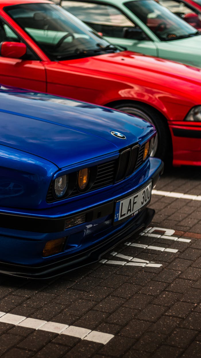 Colorful lineup of classic BMW cars parked outdoors in Lithuania.